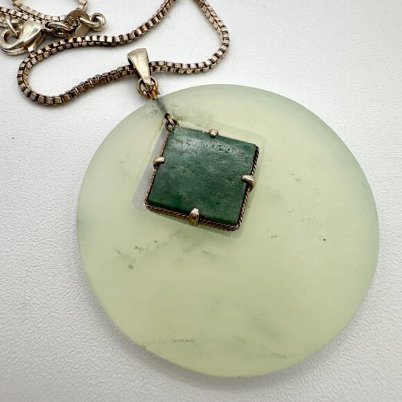 Vintage Modernist Silver Jade Pendant Necklace Mid Century Geometric - Picture 3 of 13